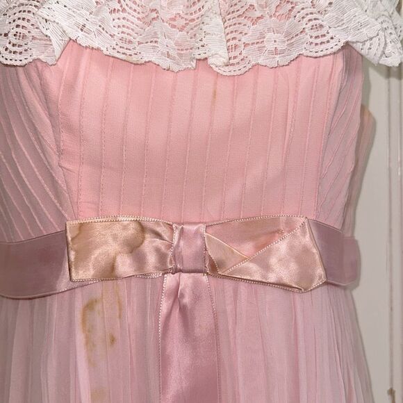 Vintage 60s/70s High Neck White Lace Pink Chiffon Pleated Prom Dress - Picture 3 of 9